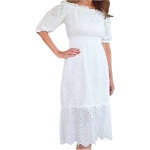 NWT Betsey Johnson White Eyelet Midi Dress Smocked Waist On/Off Puff Sleeves